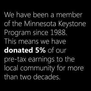 We jave been a member of the Minnesota Keystone Program since 1988. This means we have donated 5% of our pre-tax earnings to the local community for more than two decades.