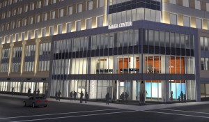 Baker Center exterior night rendering