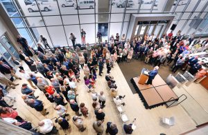 t06.22.2016 -- Steve Kuchera -- kucheraMAURICES0623 -- Maurices CEO George Goldfarb speaks to people gathered for a ribbon-cutting ceremony for the new Maurices building in Duluth. Steve Kuchera / skuchera@duluthnews.com