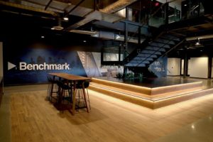 A view of the grand staircase in Benchmark's lobby